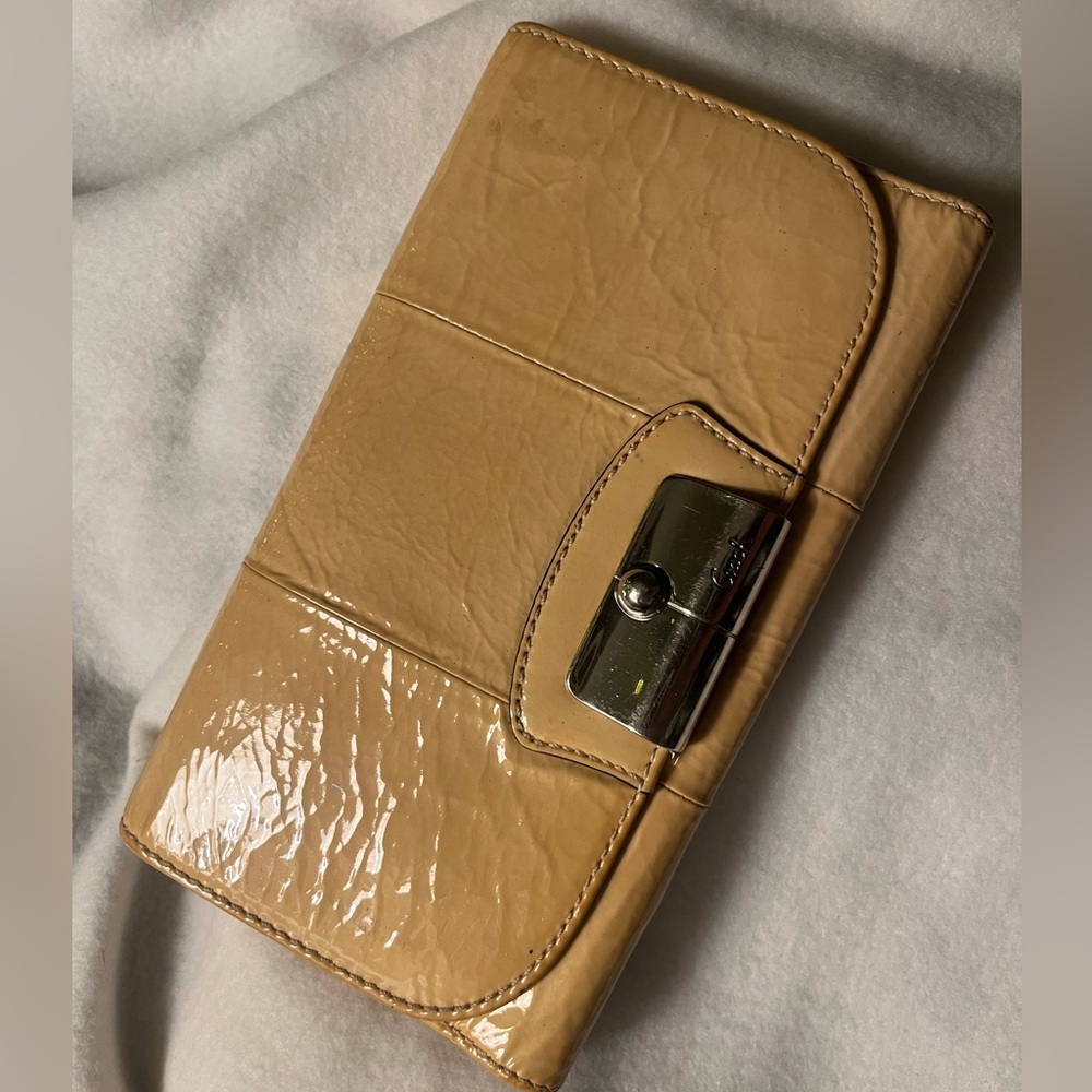 Coach Beige Patent Leather Wallet with Silver Clasp